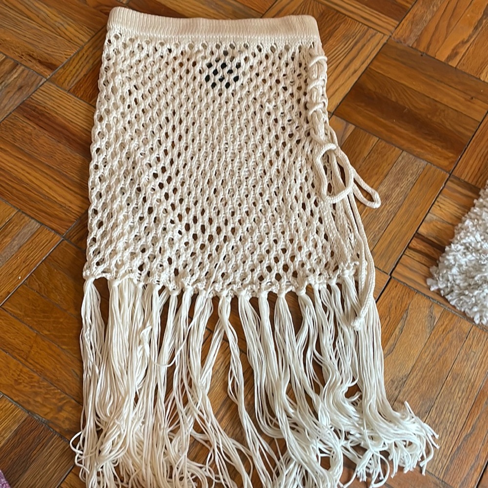 Back at the Beach Beige Crochet Fringe Swim Cover-Up Skirt